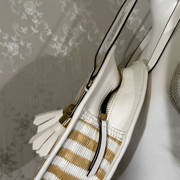 Nine West Round Tote Bag – Beige White Striped Circle Purse with Tassel - Picture 4 of 5